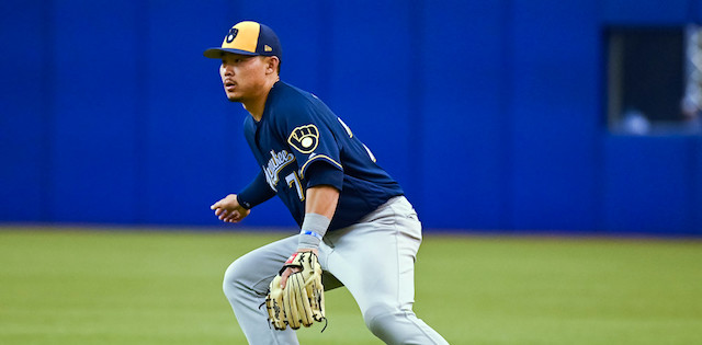 Milwaukee Brewers first baseman Keston Hiura runs the bases after