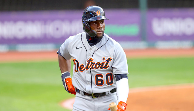 Tigers' Akil Baddoo hit in the groin on stolen-base attempt